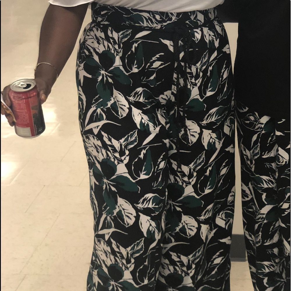 Black, green and white floral wide leg pants